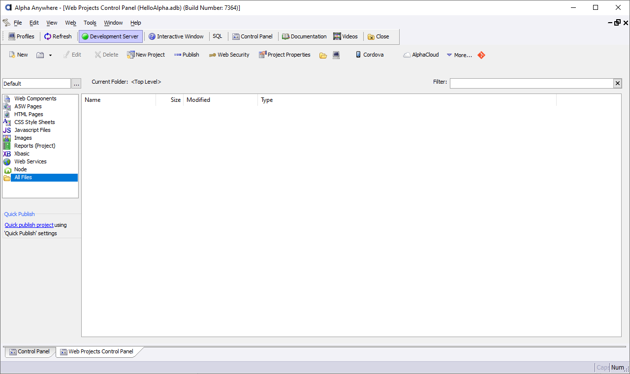 A new, blank Alpha Anywhere workspace.